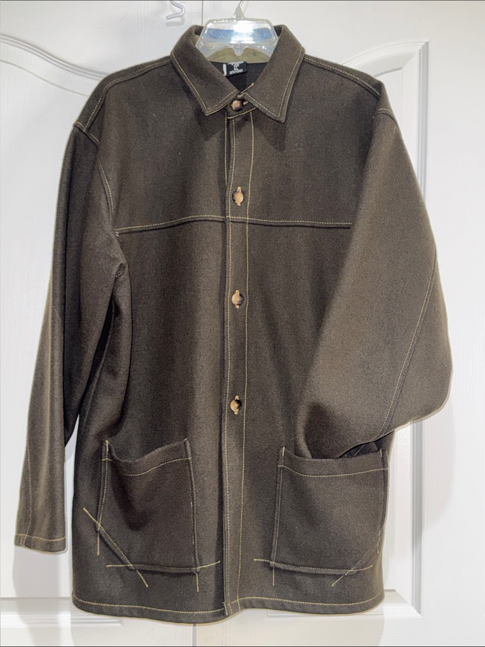 prAna-  Olive 100% WOOL Shirt Jacket with Contrast Stitching made in Mexico